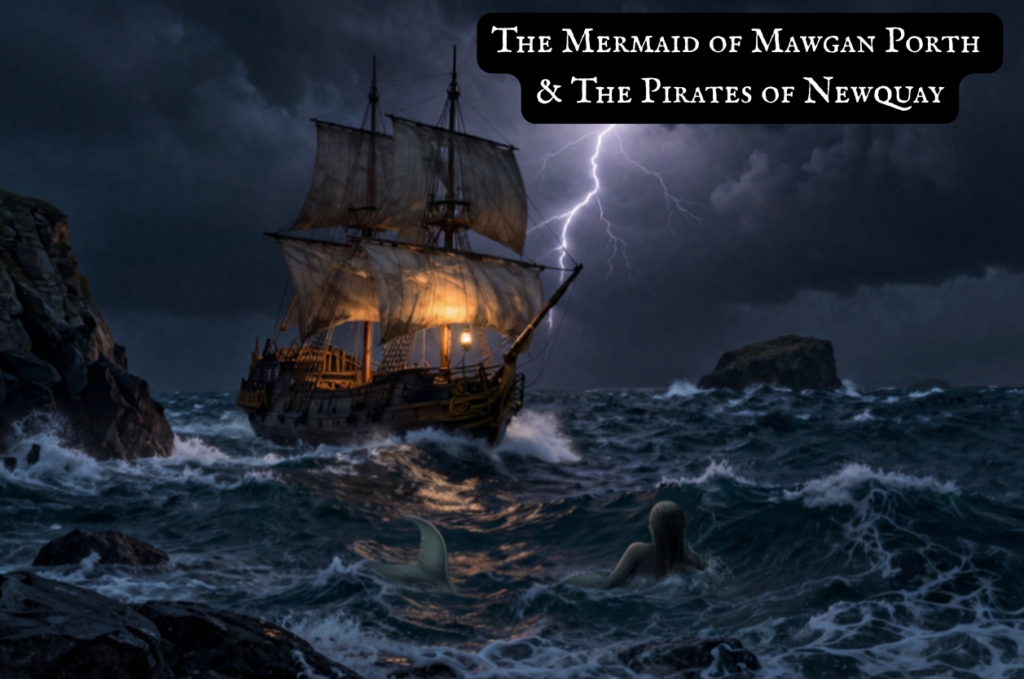 An 18th century pirate ship in a storm of a rocky headland as a mermaid swims in the foreground.