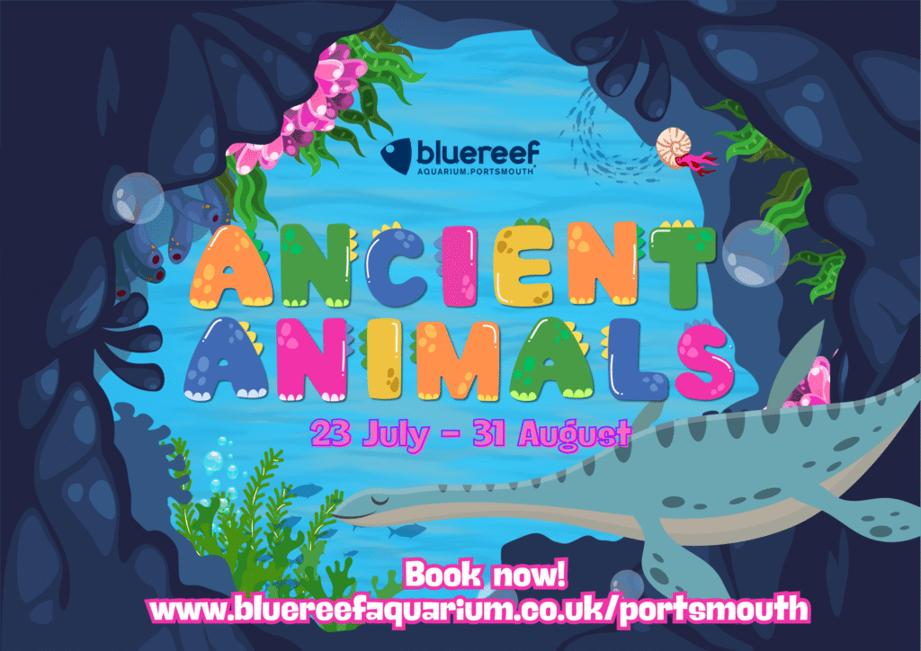 A colourful cartoon underwater scene of a long necked sea creature swimming past the words Ancient Animals 23 July to 31 August. Book now www.bluereefaquarium.co.uk/portsmouth is written at the bottom